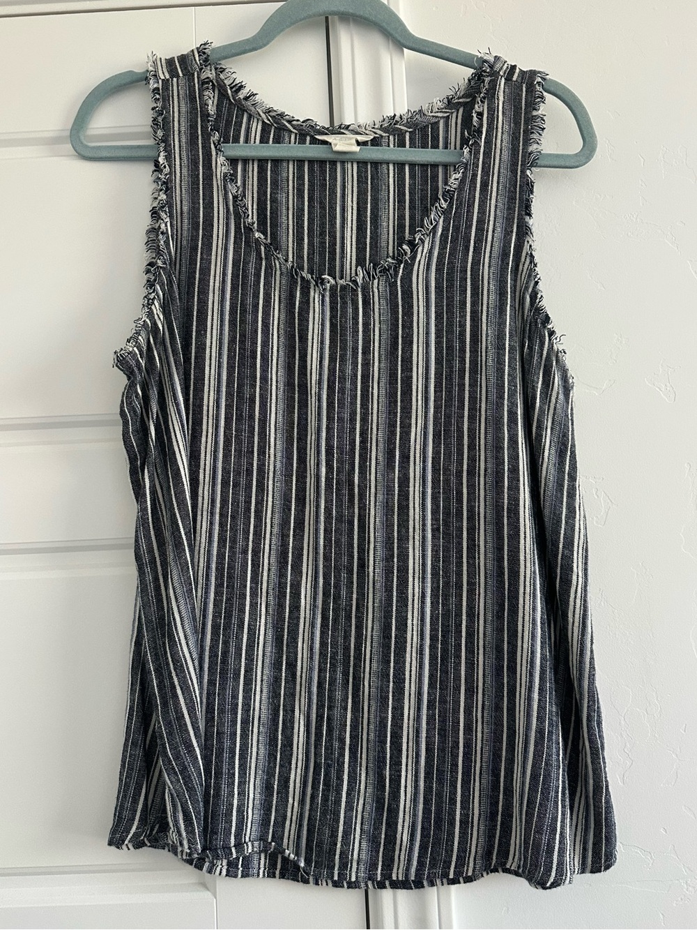Caslon Black & White Striped Frayed-Trim Tank